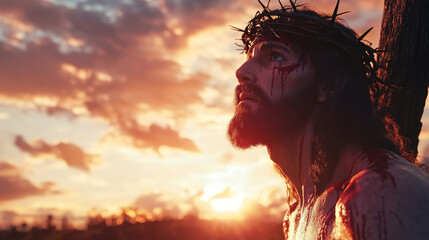 Crucifixion of jesus christ biblical scene artwork sunset sky dramatic view faith and redemption