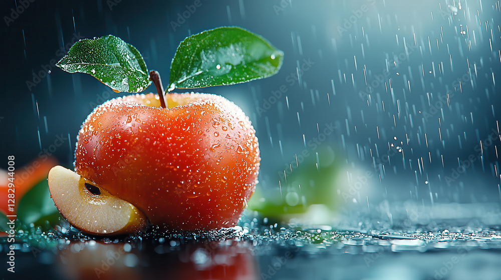 Aufkleber fresh red apple with water droplets sits on wet surface, surrounded by rain and sliced piece, creati