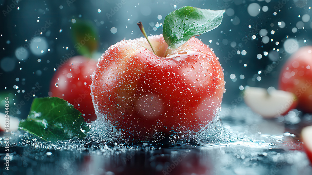 Poster fresh red apple with water droplets and green leaves, surrounded by splashes of water, creates refre