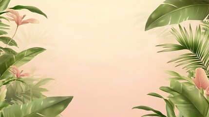 Tropical plants and flowers are beautifully arranged on a colored background
