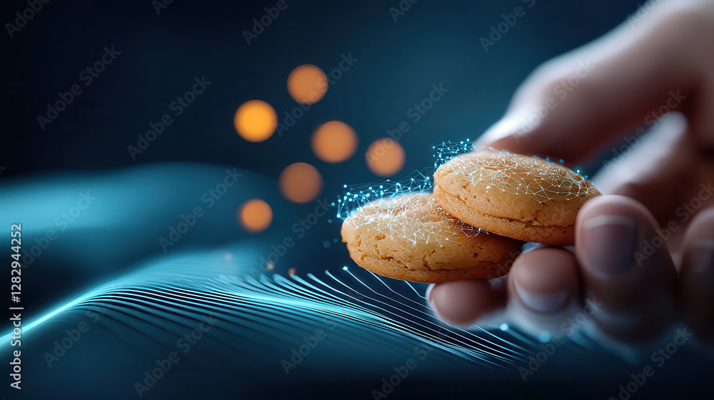 Fototapete futuristic hologram pastries with golden cookies embedded in digital network, held by hand against d