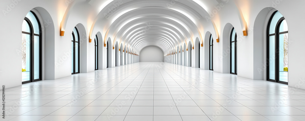 Poster sleek, minimalist hallway with futuristic design features arched windows and monochrome color scheme