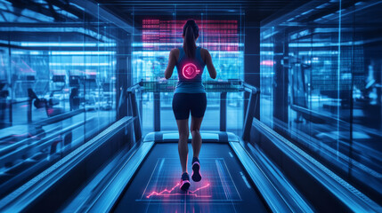Running woman on high-tech treadmill gym fitness activity modern environment dynamic view health monitoring