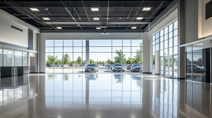 Fototapeta premium Empty dealership with open minimalist design. Featuring sleek, neutral decor and polished floors