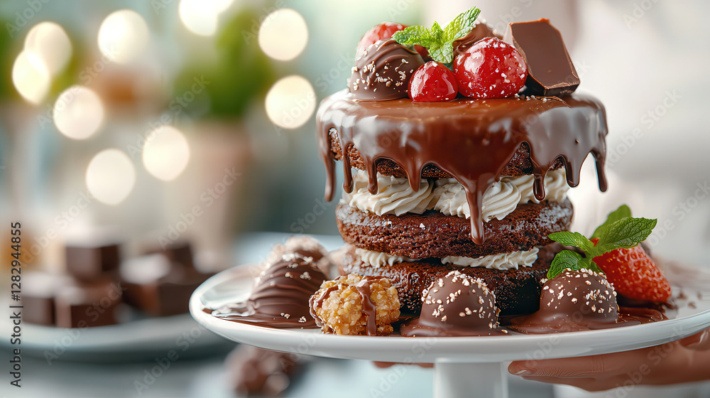 Poster decadent chocolate cake with layers of rich frosting is topped with cherries, strawberries, and choc