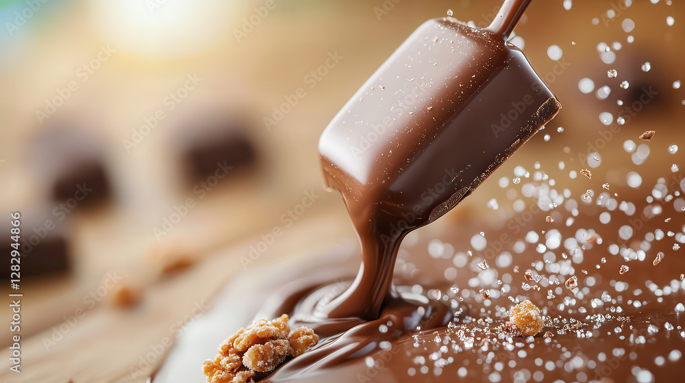 Aufkleber chocolate bar is being dipped into flowing chocolate fountain, with cocoa splashes and crumbs adding