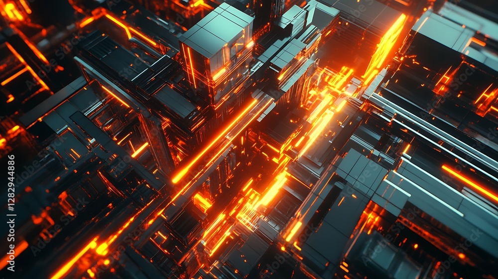 Poster orange illuminated city structure with multiple sharp and shiny surfaces