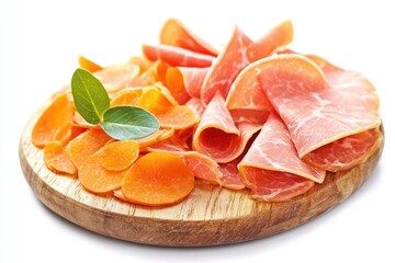Sliced prosciutto and carrots arranged on a wooden board