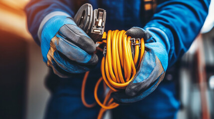 Electrician preparing equipment workshop action shot indoor close-up safety awareness
