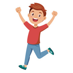 Happy boy jumping up in air. Excited joyful teenager celebrating, flying in air in dynamic energetic emotional pose with fists, arms gesture. Flat vector illustration isolated on white background