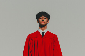 Obraz premium Portrait of a Young Man in Graduation Garb: A striking portrait of a young man, dressed in a vibrant red graduation gown.