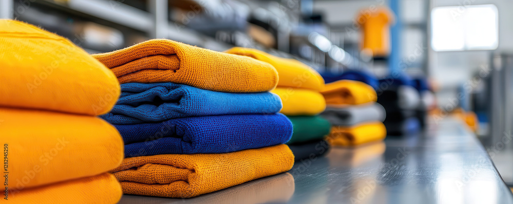 Poster neatly folded colorful garments are stacked on metal table in clothing production line, showcasing v