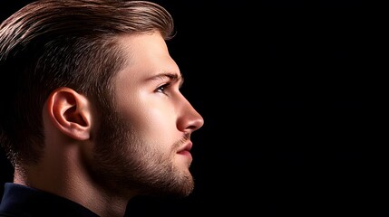 Fototapeta premium side view of a man’s slicked-back hairstyle, focusing on the shine and smooth texture, with the vintage look accentuated by a deep black background. The hair is combed back meticulously. Copy 