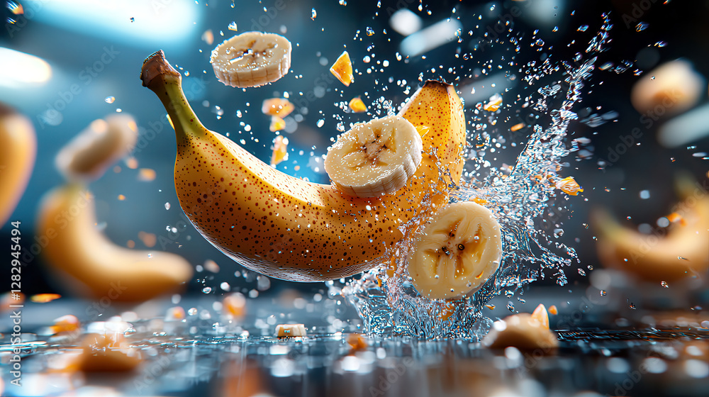 Leinwandbilder vibrant image of holographic banana chips floating in mid air, glowing with neon colors and surrounded by splashes of water, creating dynamic and futuristic scene