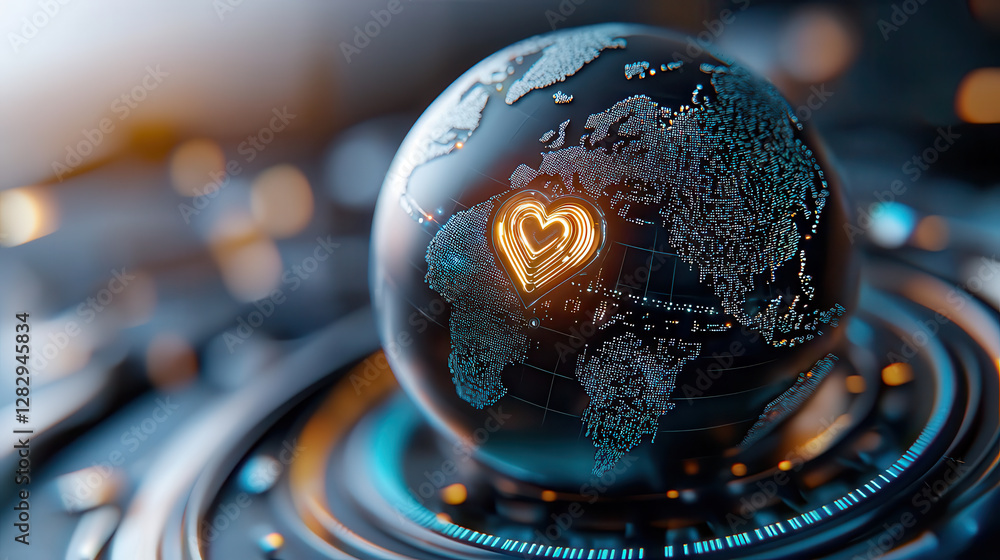 Poster holographic Earth with glowing neon heart at its core symbolizes global love and unity. digital design features intricate patterns and vibrant colors, creating futuristic and hopeful atmosphere