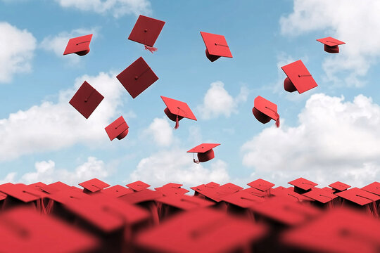 Skyward Celebration: A vibrant display of graduation caps soaring through a bright, cloudy sky. Capturing a momentous occasion filled with joy, achievement, and the anticipation of new beginnings.