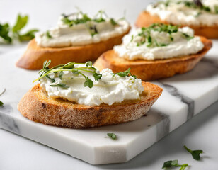 Crispy toasted bread topped with creamy ricotta cheese and fresh green herbs is served on a marble cutting board.