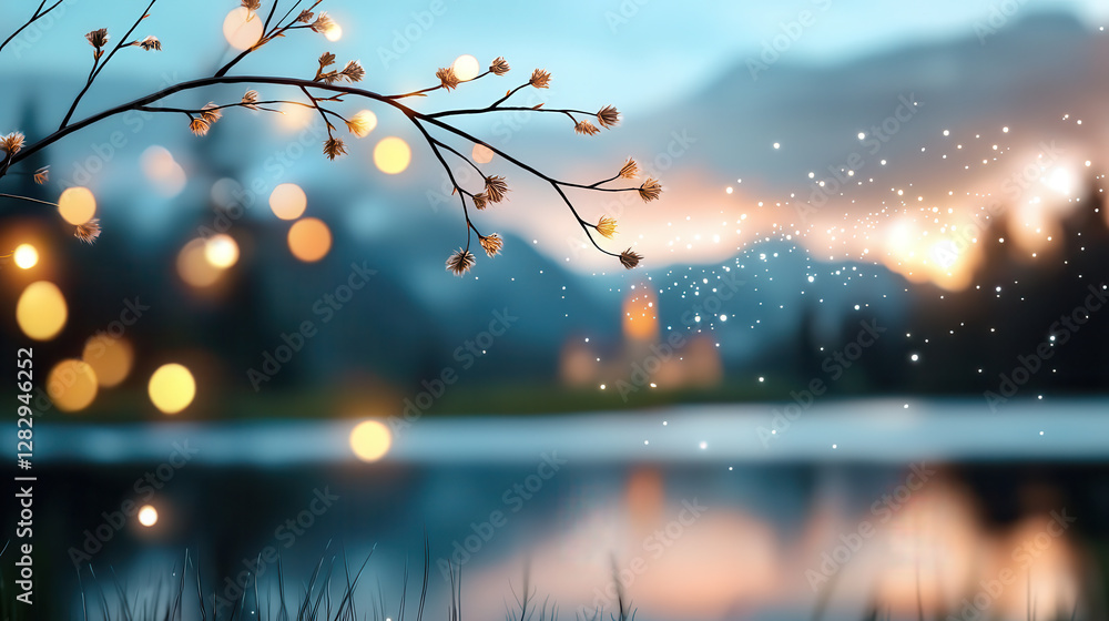 Aufkleber serene lakeside scene with glowing lights and blurred castle in background, creating magical atmosphere. Delicate branches with blossoms add to enchanting view