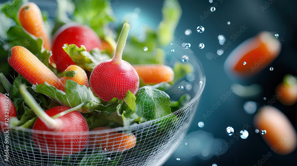Aufkleber holographic basket of radishes and carrots glows with neon wireframe effects, surrounded by floating water droplets, creating futuristic and vibrant scene