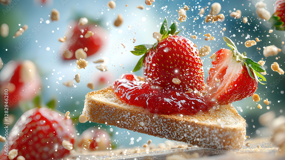 Poster slice of bread with strawberry jam and fresh strawberries is surrounded by floating crumbs and seeds, creating dynamic and vibrant scene