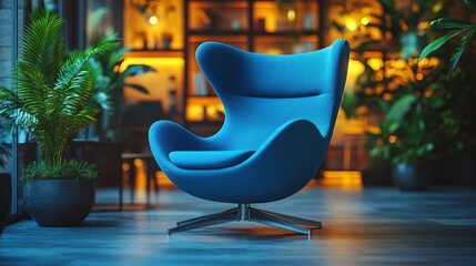 Modern blue egg chair in stylish interior with plants and warm lighting