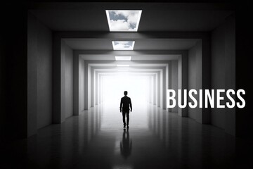 Obraz premium Person walking on long narrow corridor with sense of depth and perspective