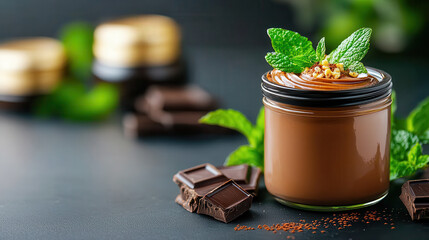 Luxurious chocolate cream in glass jar with velvety smooth texture, garnished with mint leaves and chocolate pieces, creating decadent dessert presentation