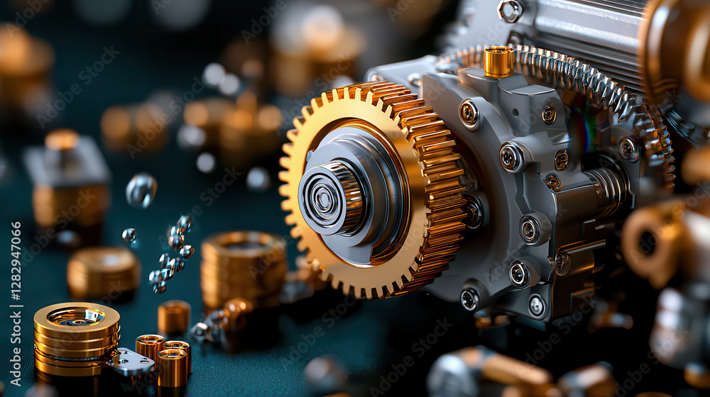 Poster macro view of interconnected industrial machinery gears showcases intricate details and metallic textures, highlighting precision and complexity of engineering