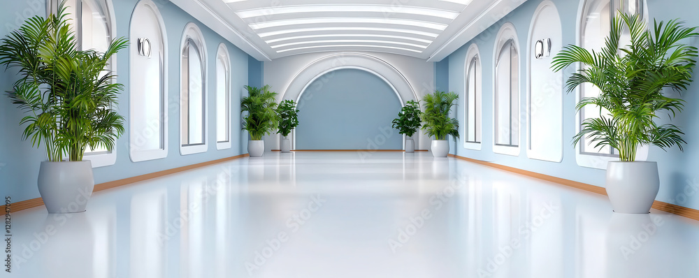 Aufkleber minimalist futuristic corridor with expansive clean space, featuring potted plants and arched window