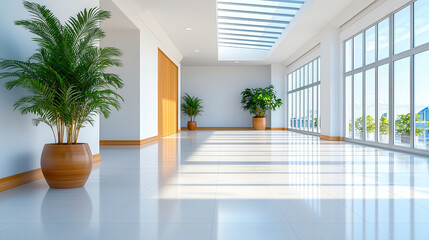 spacious, minimalist architectural corridor with modern white concrete walls and large windows, featuring potted plants and abundant natural light