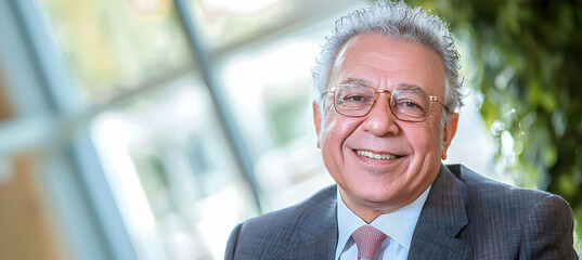 Smiling senior businessman in a modern office building, plants in the background.  Perfect for corporate websites, executive profiles, and leadership articles