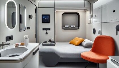 Modern Minimalist Capsule Hotel Room Interior with Grey and Orange Accents