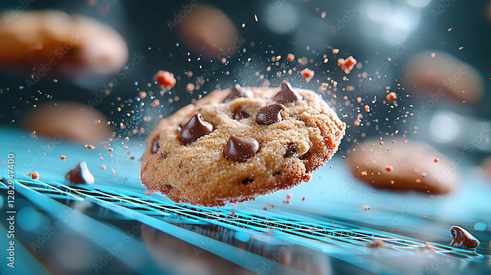 Aufkleber chocolate chip cookie floats in futuristic setting, surrounded by crumbs and neon glow, creating dyn