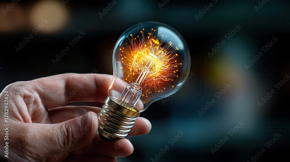 Aufkleber hand holds glowing light bulb with intricate mechanical cogs inside, symbolizing innovation and creativity. neon wireframe effect adds futuristic touch to design