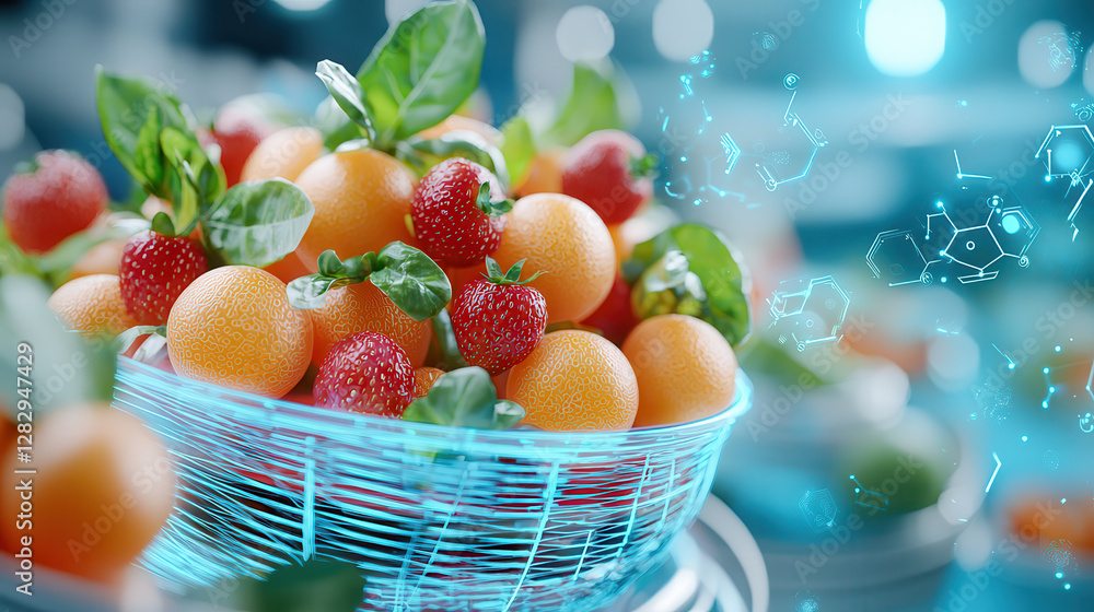 Poster basket of neon glowing holographic fruits, including strawberries and oranges, is arranged in futuri