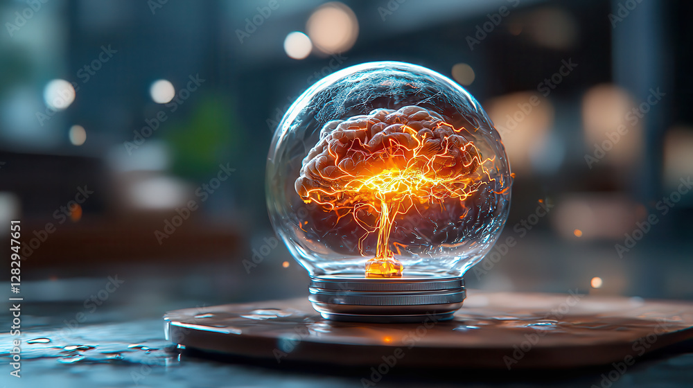 Poster glowing brain encased in glass sphere emits electric waves, creating futuristic and innovative atmos