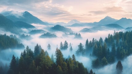 Misty Mountain Sunrise Serene Pastel Landscape