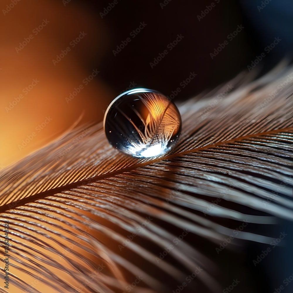Poster close-up of a water droplet resting on a delicate feather, capturing intricate details and reflectio