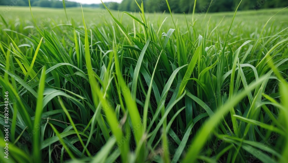 Aufkleber close-up view of vibrant green grass in a field with a blurred background of trees and clear sky