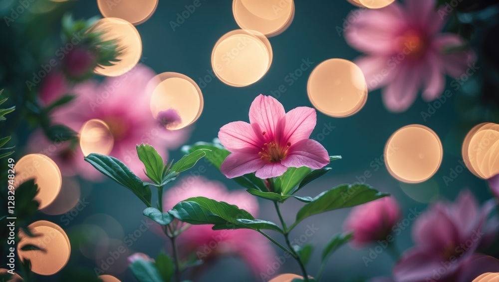 Aufkleber Pink flowers with green leaves and soft bokeh lights in the background creating a dreamy atmosphere in a garden setting