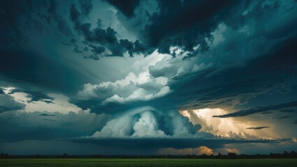 Dramatic storm clouds illuminated by sunset with dark blue and gray tones over an open field landscape