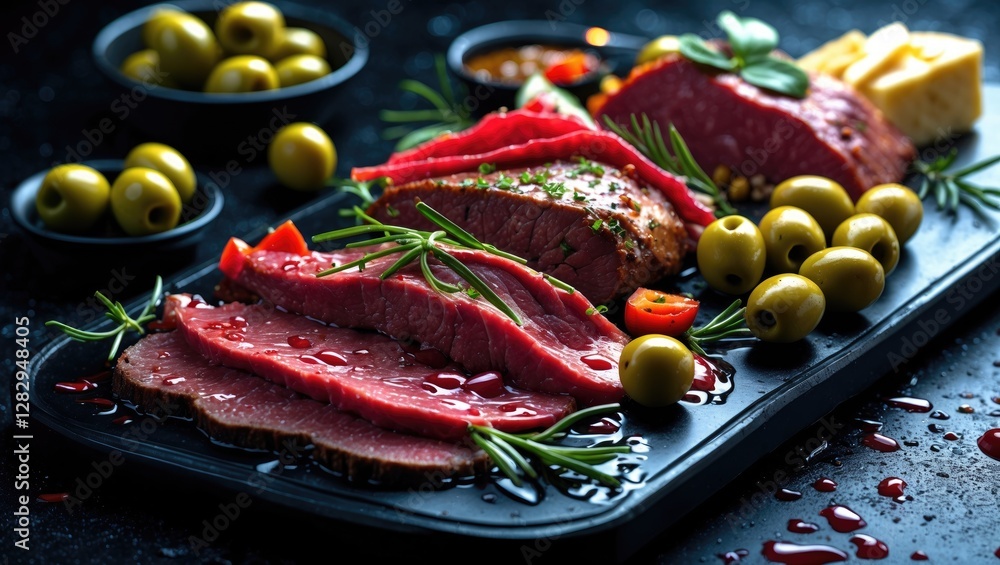 Poster assorted sliced meats with olives and herbs on a black slate plate with condiments in the background