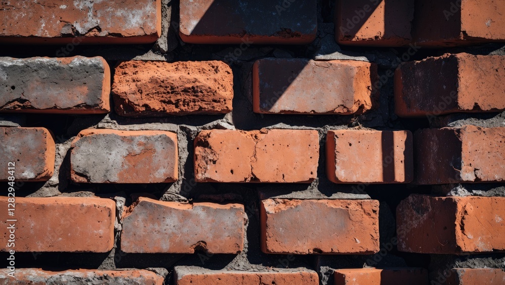 Poster close-up view of textured red bricks arranged in a wall with shadows creating depth and highlights o
