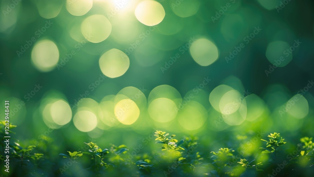 Poster blurred green foliage with sunlight filtering through and creating bokeh effect in a natural setting