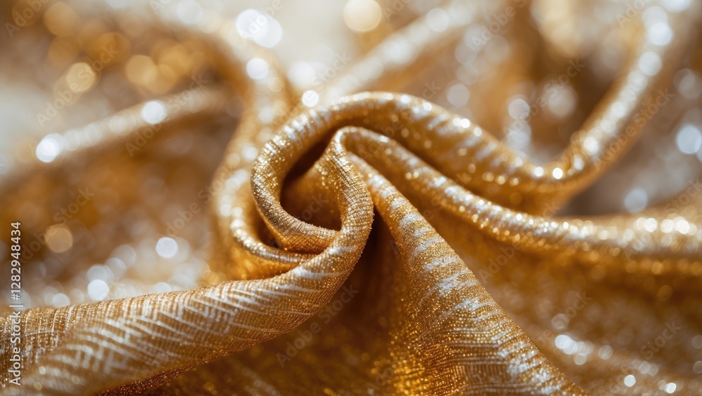 Poster golden textured fabric with shimmering sequins close-up intricate weave details