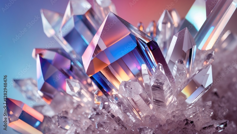 Poster colorful crystal formation with sharp facets and reflective surfaces on a light gradient background