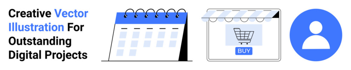 Open spiral calendar, striped shop canopy with cart, and user avatar in blue. Ideal for ecommerce, scheduling, user interface, business tools, web design, data management flat landing page banner