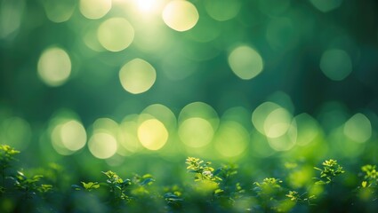 Obraz premium Blurred green foliage with sunlight filtering through and creating bokeh effect in a natural setting for environmental themes.
