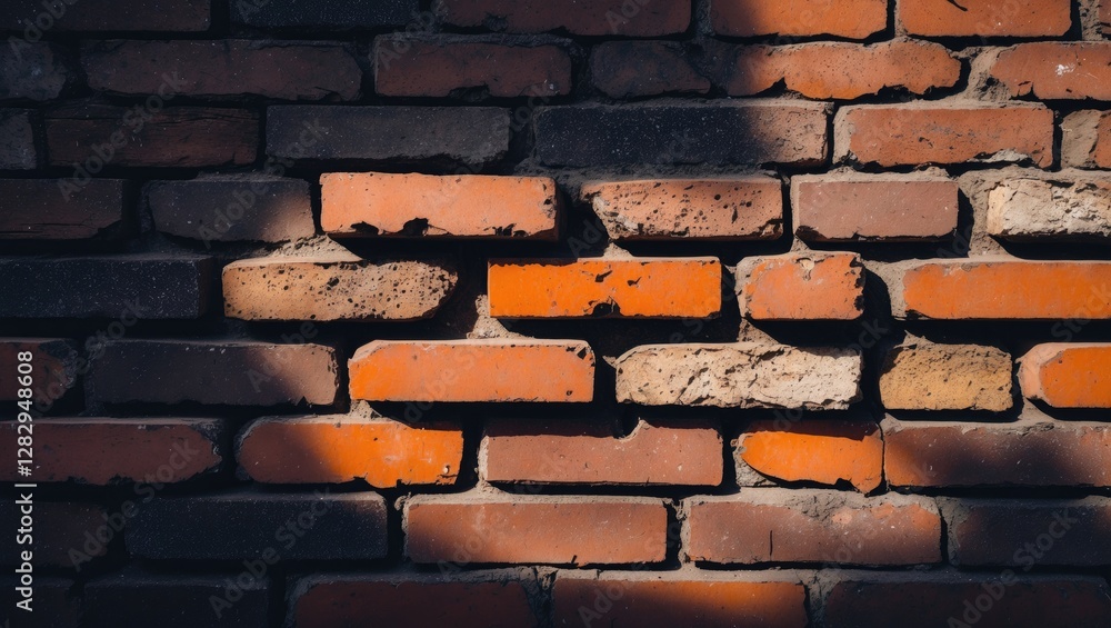 Poster red brick wall with varying textures and shadows creating depth and contrasts in a structured layout