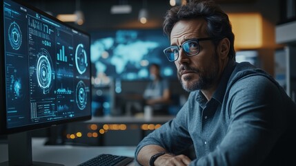 Consultant hosting a virtual meeting with international clients in a tech-equipped office, using advanced communication tools for seamless consulting services.